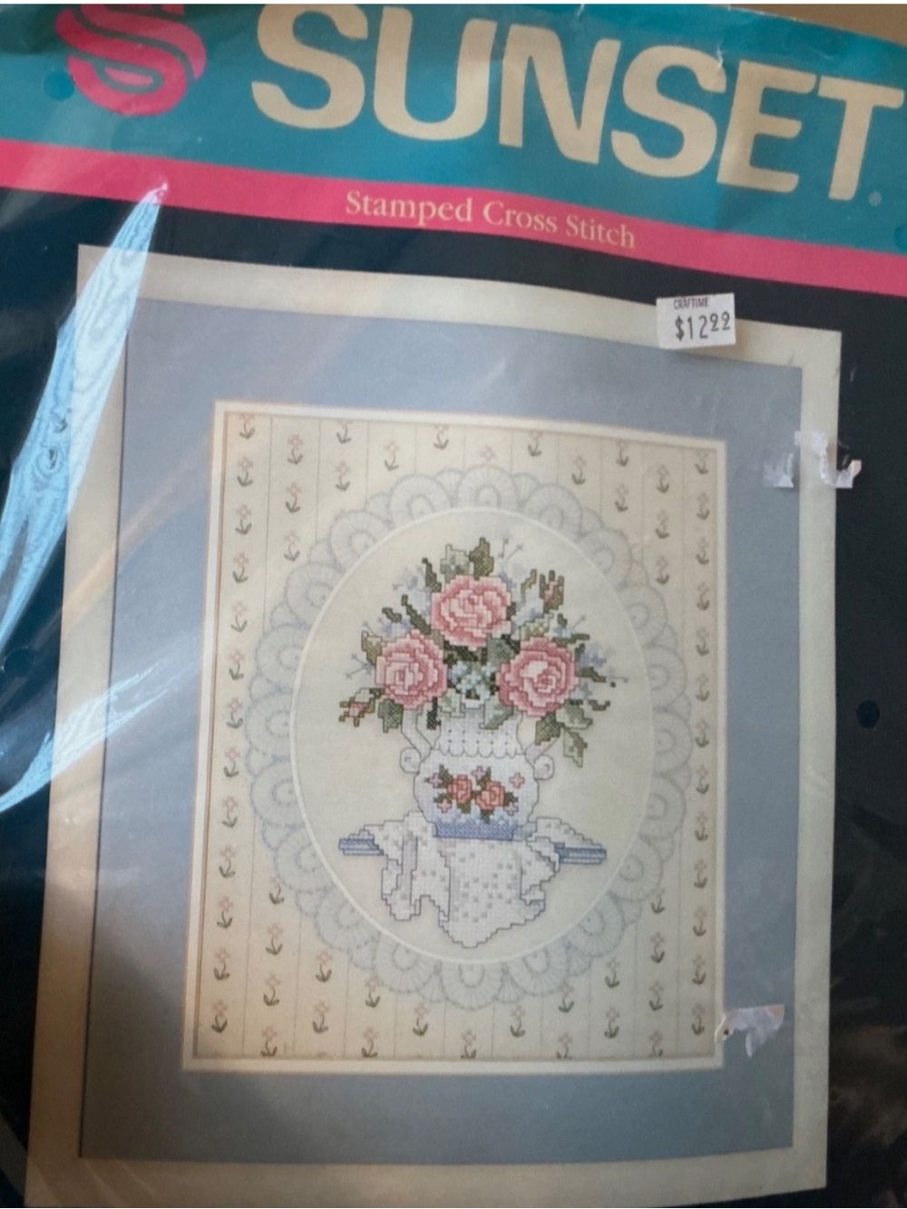 Vintage 1991 Sunset Stamped Cross Stitch Kit "Roses In Porcelain" 12x14” STARTED